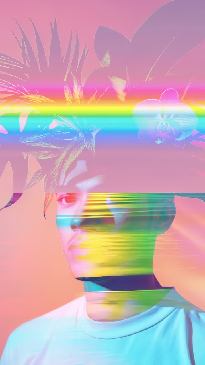 Vertical video: Neon band sweeping Asian male face with orchid headpiece in peach studio glitching