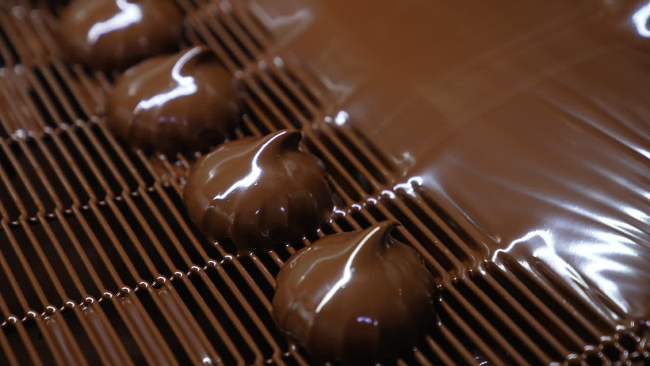 Marshmallows come out from the coating with black melted chocolate. Conveyor grid taking freshly-covered zephyr sweets. Close up.