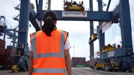 a worker in a safety vest overlooks the busy port with giant cranes and shipping containers, highlighting the importance of maritime logistics and safety protocols