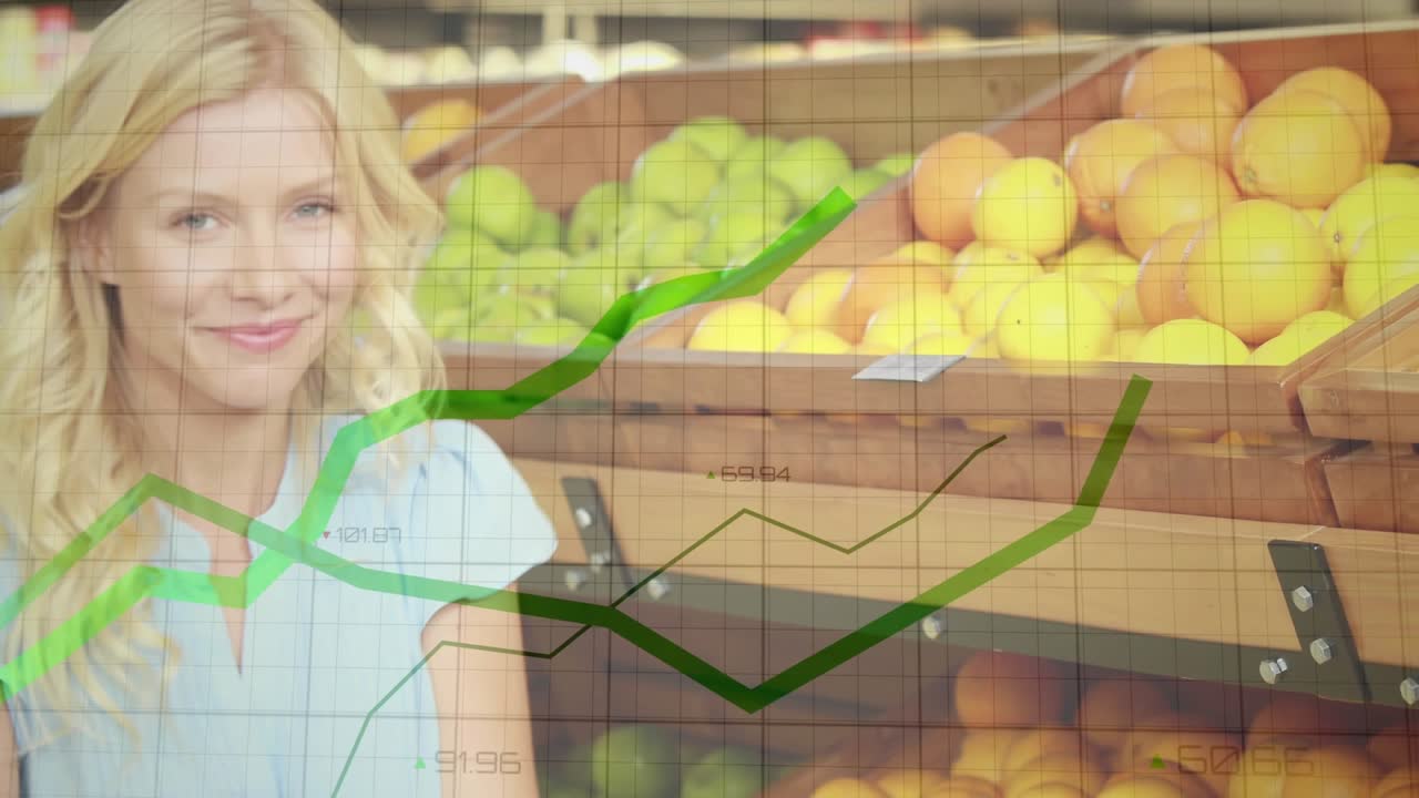 Woman shopper reaching shelf smelling orange checking taste in grocery, green chart overlay rising