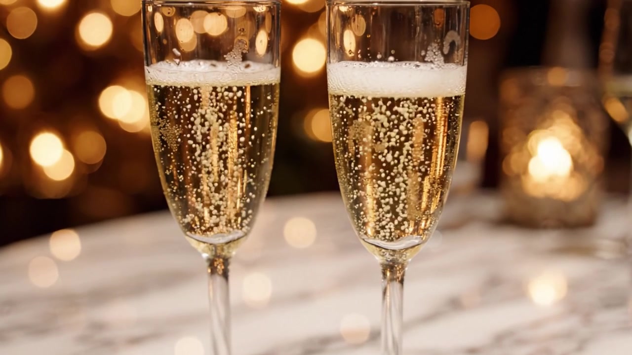 Due eleganti calici di champagne pieni di bollicine e scintillio, perfettamente posizionati su un tavolo di marmo circondati da luci calde e brillanti, pronti per una celebrazione.