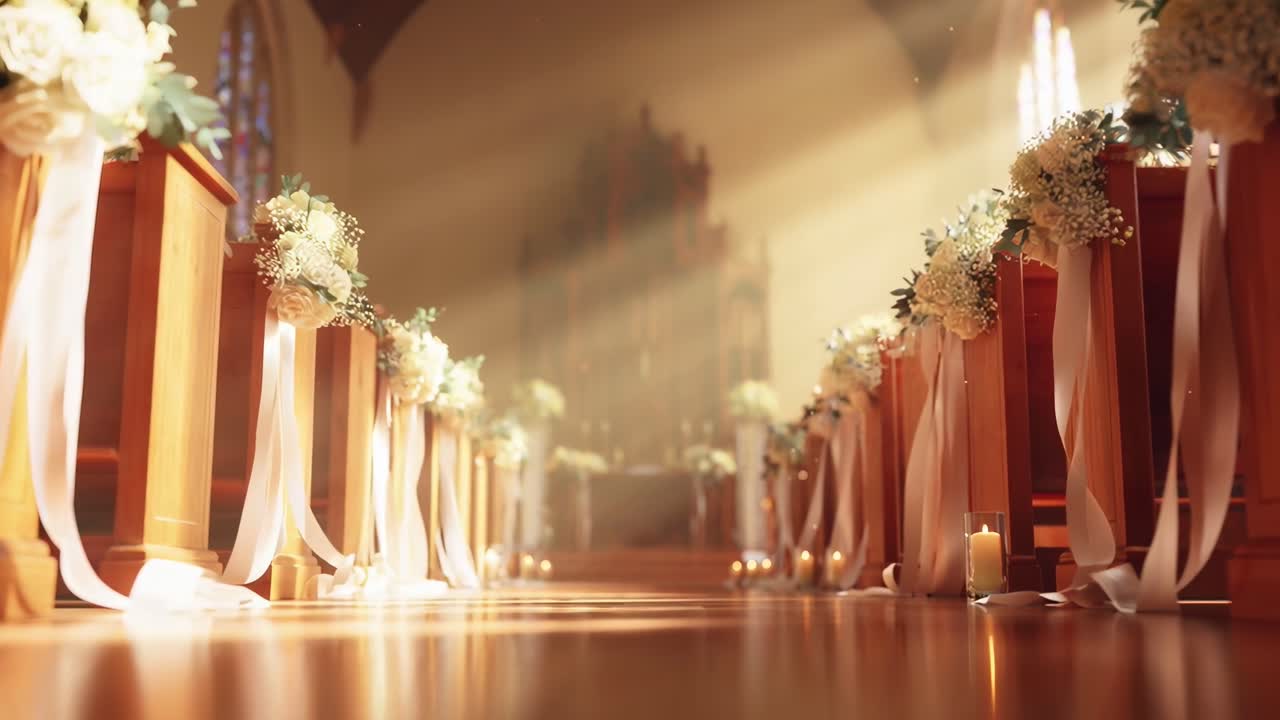 Allée avec des fleurs et des bougies dans une lumière douce, angle de caméra bas. Parfait pour une vidéo de mariage