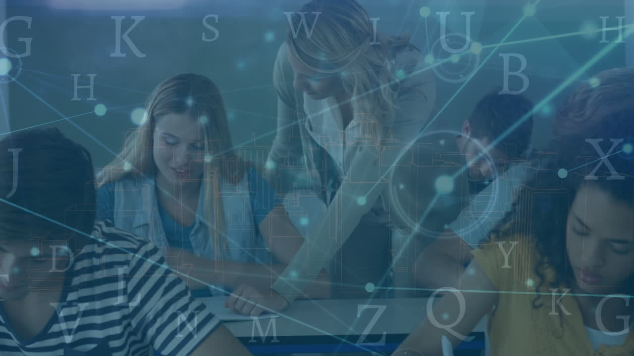 animación de conexiones entre maestras caucásicas y clases de alumnos diversos