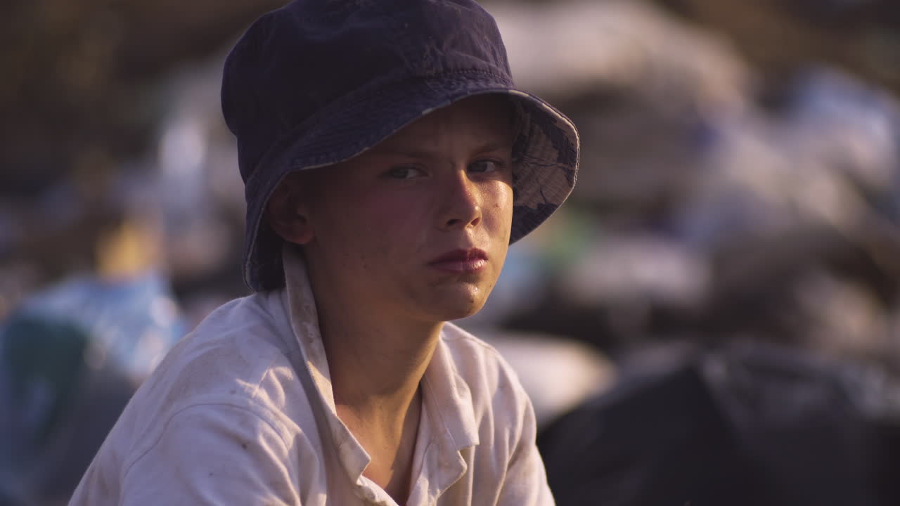 A boy in a hat holding a stick