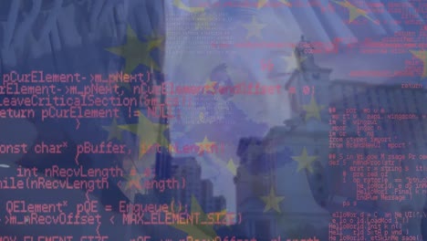 animation of diverse data, cityscape and european union flag