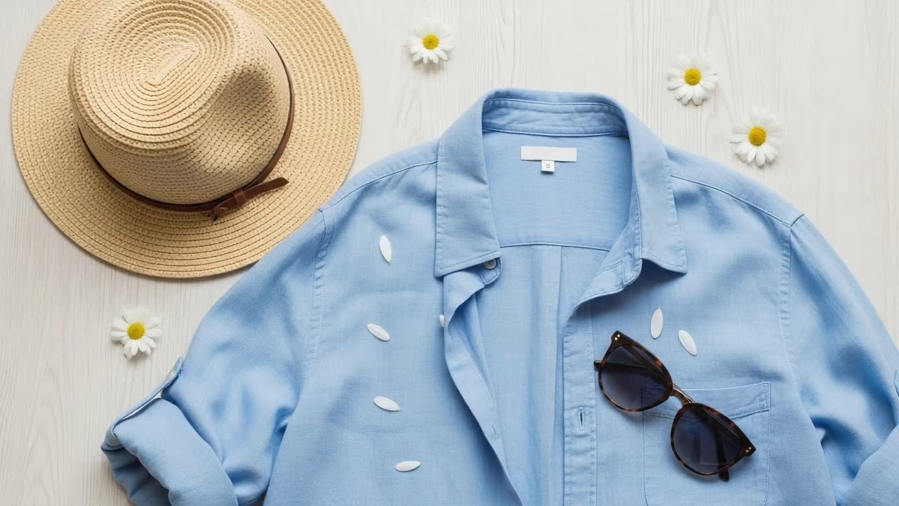 Casual Summer Outfit Arrangement Featuring Blue Shirt, Sunglasses, Straw Hat, and Daisies on a Light Background, Perfect for Warm Weather Fashion Inspiration