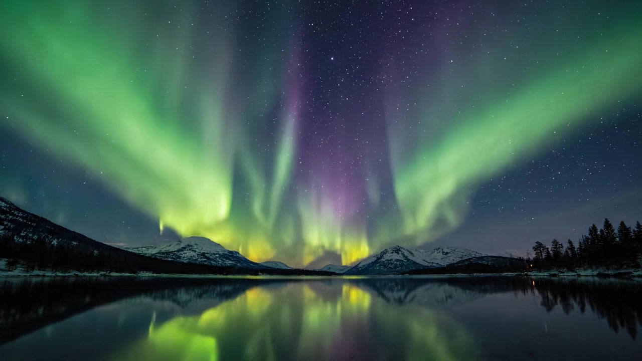 Danza affascinante dell'Aurora Boreale su un sereno lago specchiante di notte, mostrando vivaci luci verdi e viola che illuminano il cielo stellato.