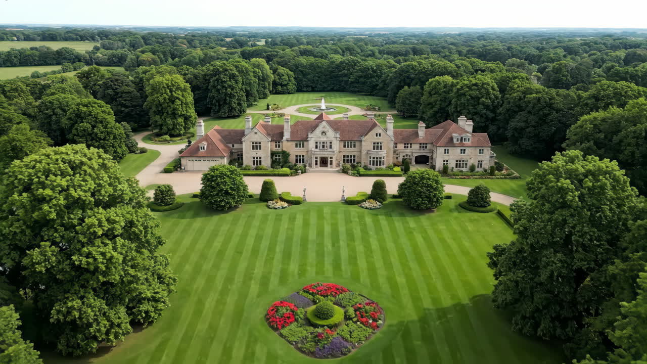 Aerial View of a Luxurious Countryside Estate with Expansive Gardens