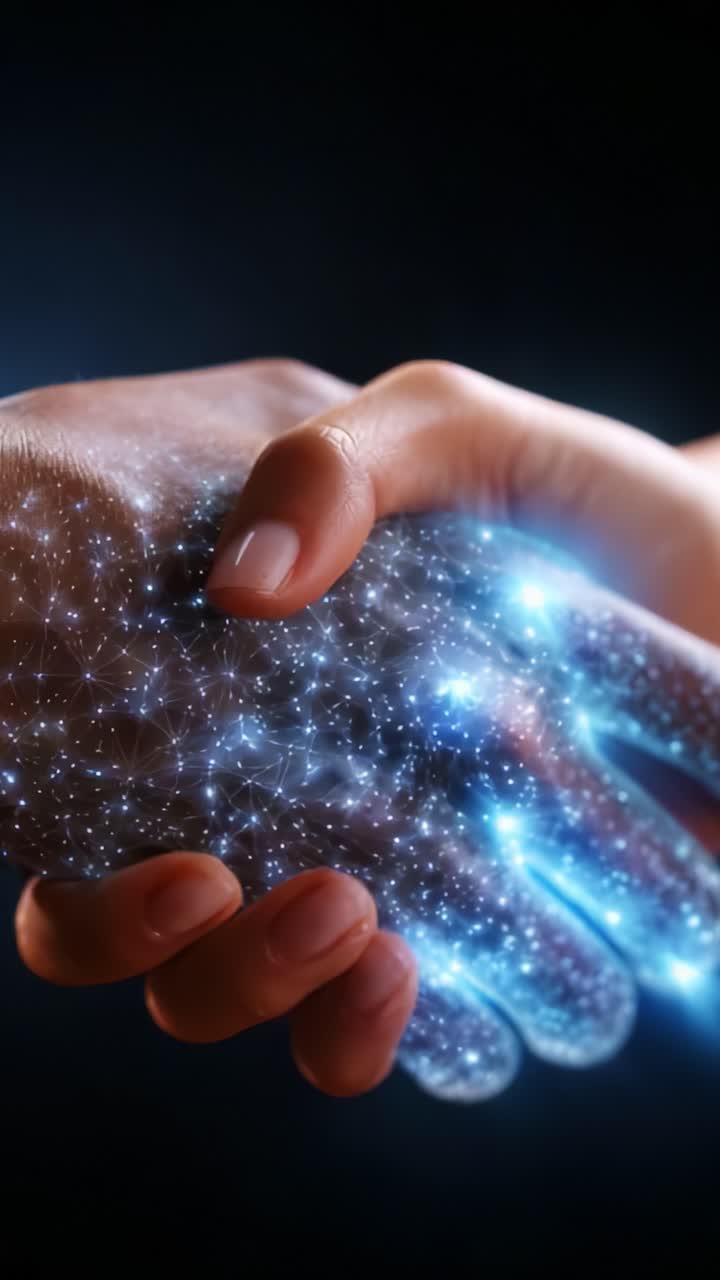 Una splendida immagine di due mani intrecciate, che brillano di luce ed energia cosmica, enfatizzando la connessione, l'unità e l'eterea bellezza dell'interazione umana
