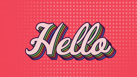 animación de texto de saludo arco iris sobre fondo de patrón rojo