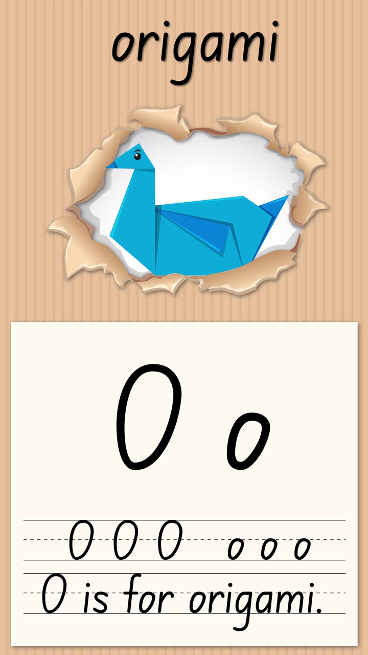 Animated vertical lesson teaches handwriting the letter O using a blue paper origami swan