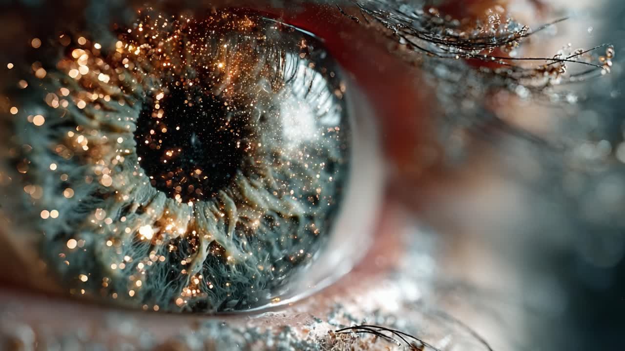 Extreme close up of a beautiful human eye with a grey iris and long eyelashes, adorned with sparkling golden glitter, blinking slowly while reflecting light in a captivating and mesmerizing way