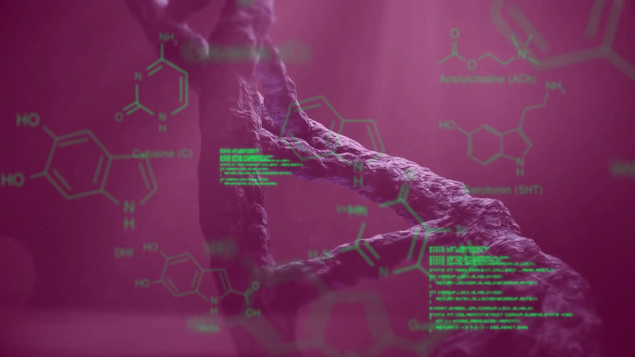 animação de processamento de dados sobre cadeia de adn e fórmula química