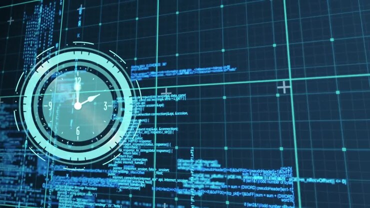 Animation of clock moving over data processing on black background