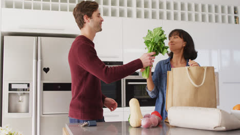 video de una feliz pareja diversa desempaquetando comestibles en la cocina