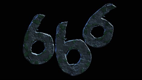 high quality dramatic motion graphic of the devil's 666 symbol, rapidly eroding and cracking and sprouting moss and weeds, on a plain black background