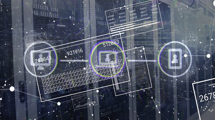 Animation of media icons and shapes over data processing and server room