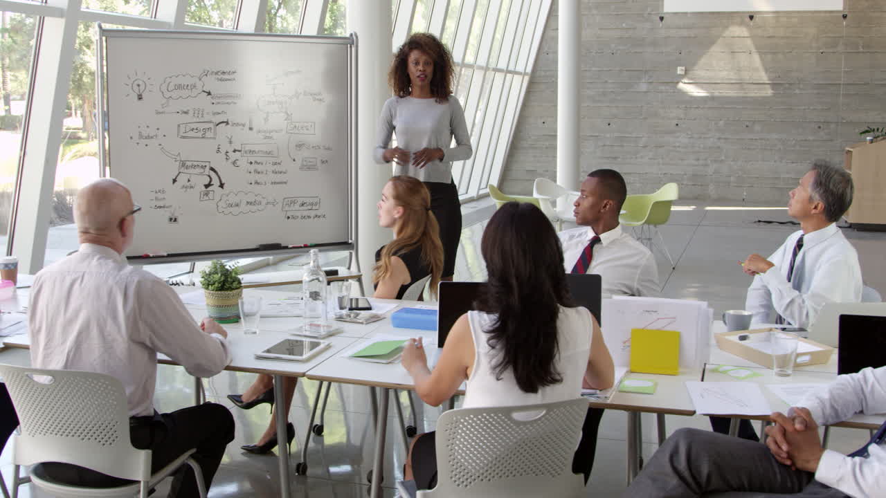 una mujer de negocios lidera una sesión de lluvia de ideas filmada en r3d