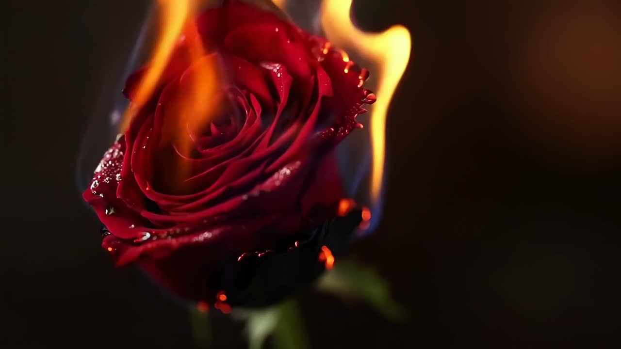 Video ravvicinato di una rosa che brucia, che cattura colori vivaci e fiamme intense da un angolo laterale