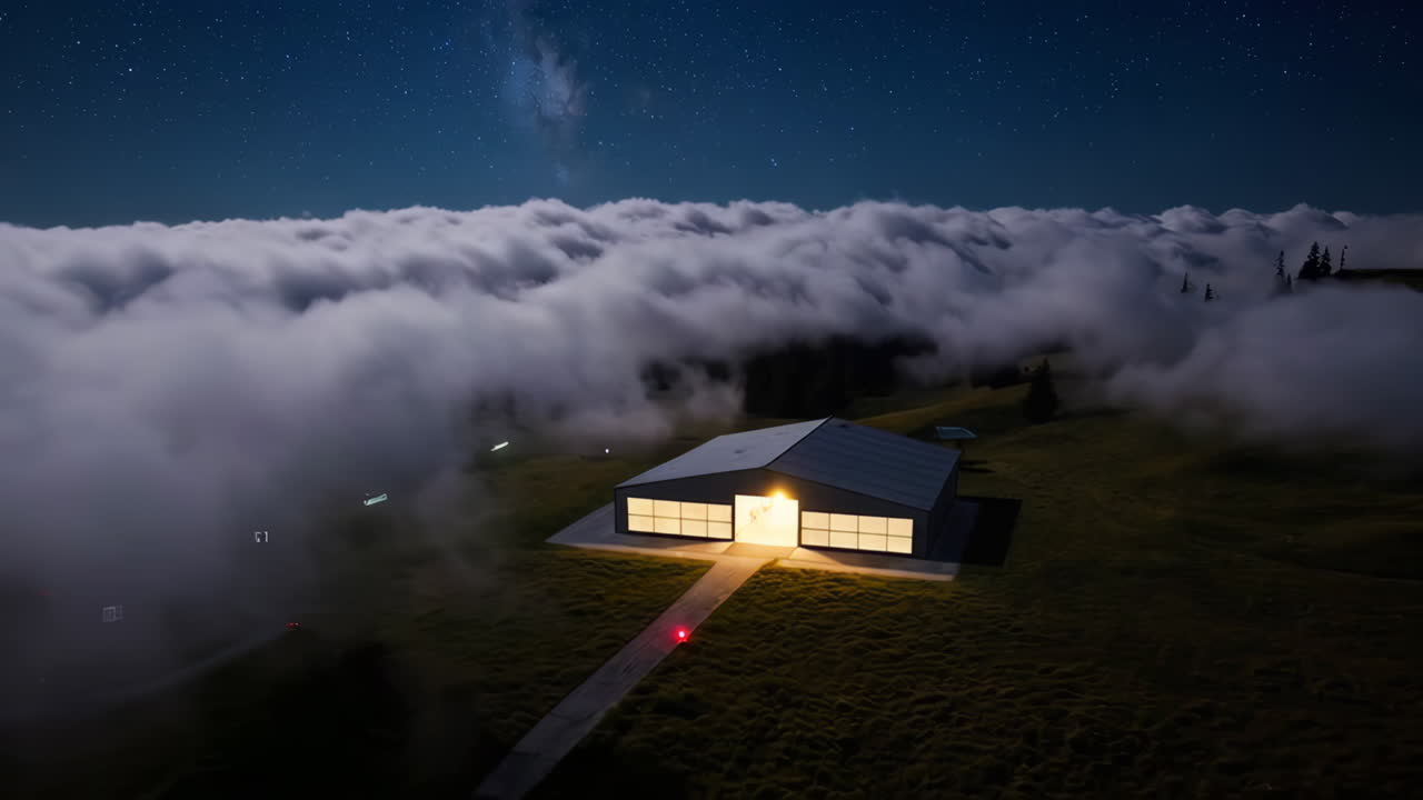 Drone Above Clouds at Night with Mountain and Milky Way