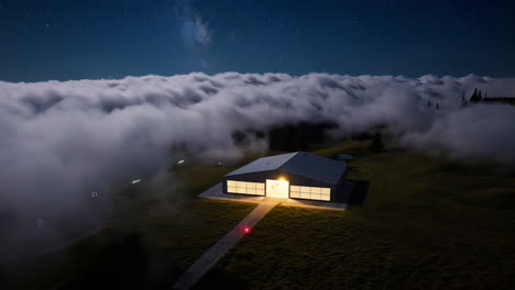drone above clouds at night with mountain and milky way