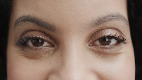 close up of eyes of biracial female doctor, slow motion