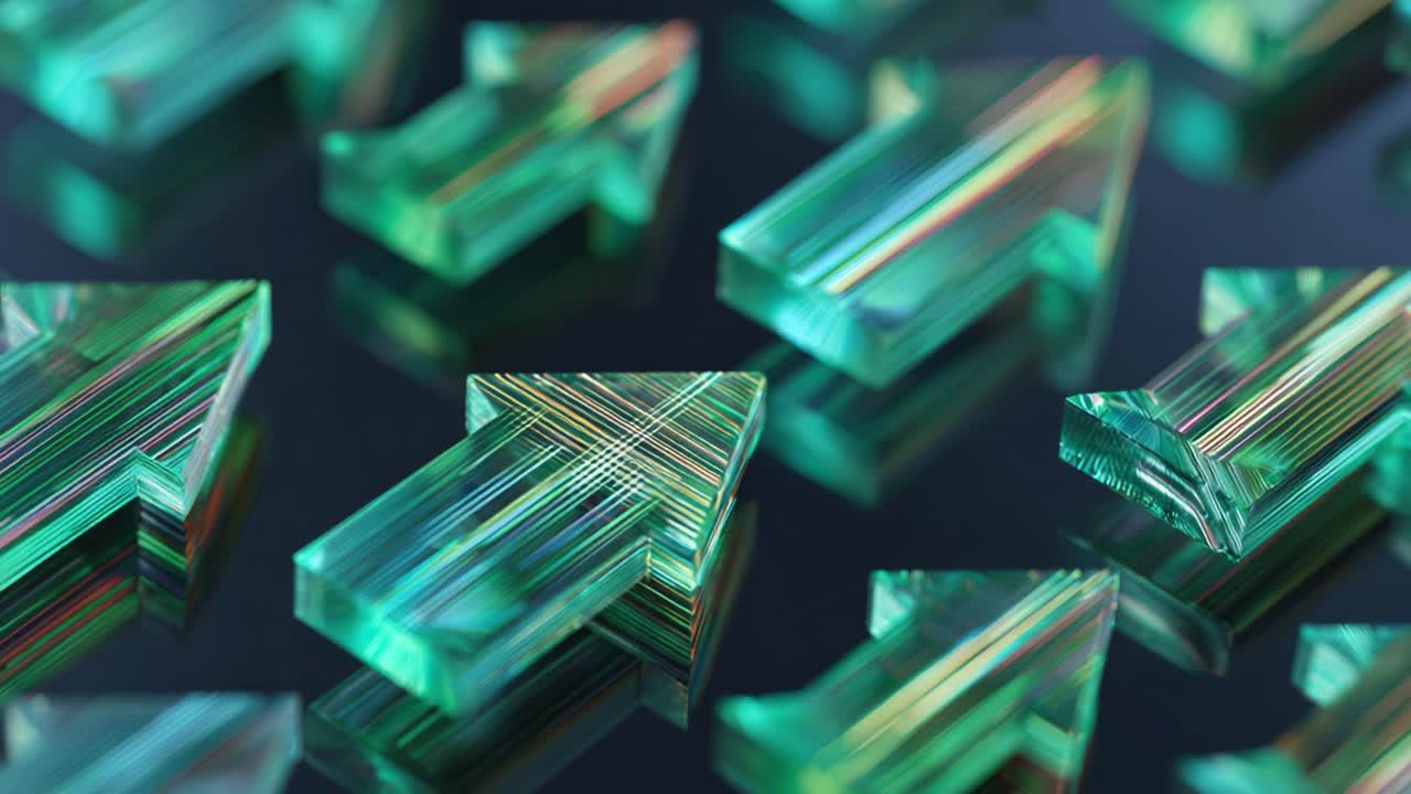 Multiple green translucent arrows with a striped texture moving in unison upwards on a reflective dark surface, symbolizing growth, direction, and collective progress in finance or business