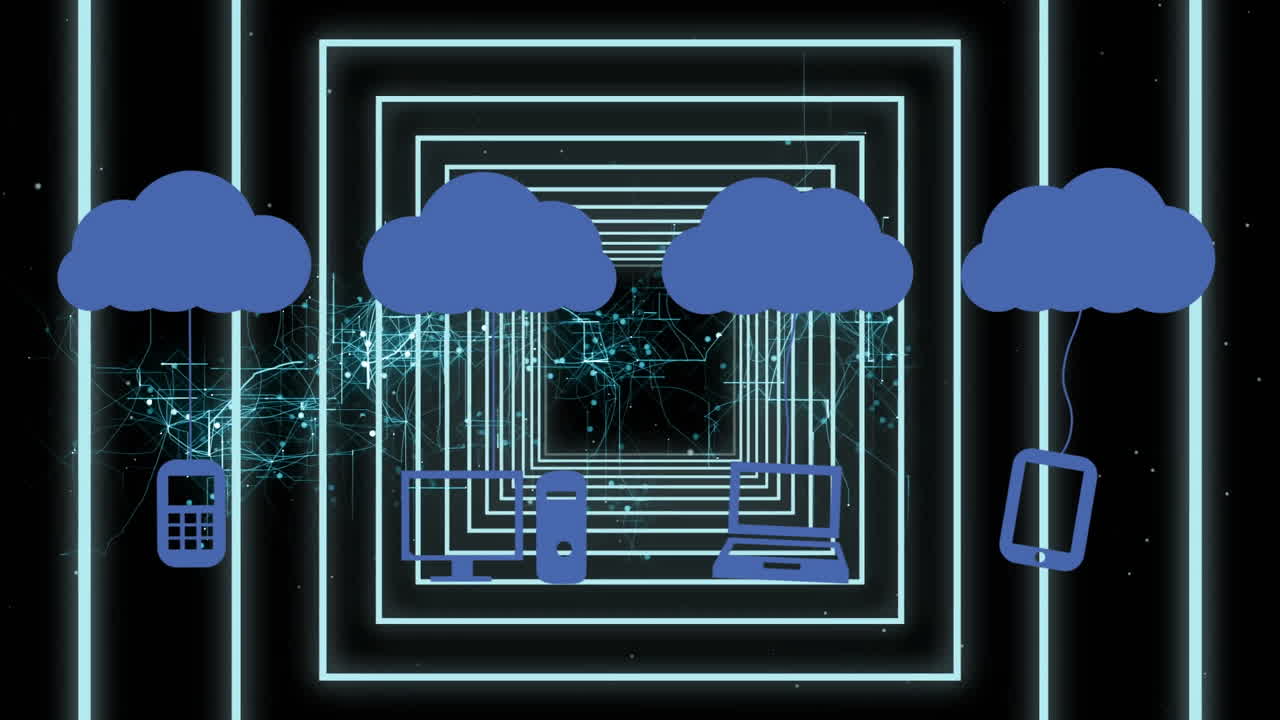 Animation of clouds with icons over neon squares