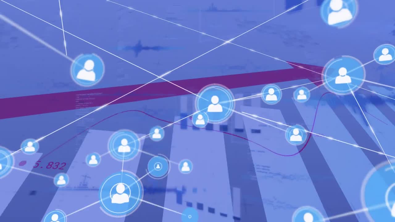 회색 배경에 대한 통계 데이터 처리에 대한 프로필 아이콘 네트워크의 애니메이션