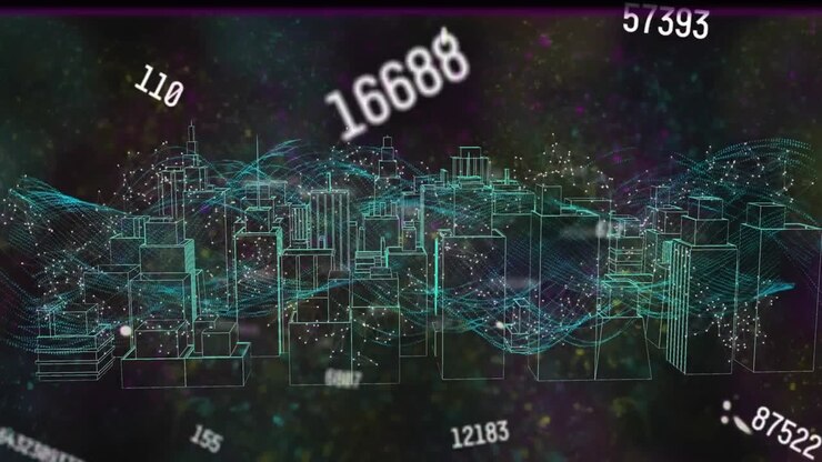 Animation of data processing and numbers changing over 3d cityscape drawing