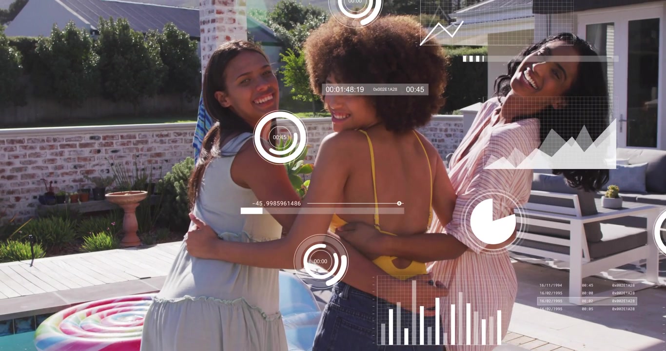 Three women linking arms at pool edge, starting pivot to face camera showcasing tech data graphs
