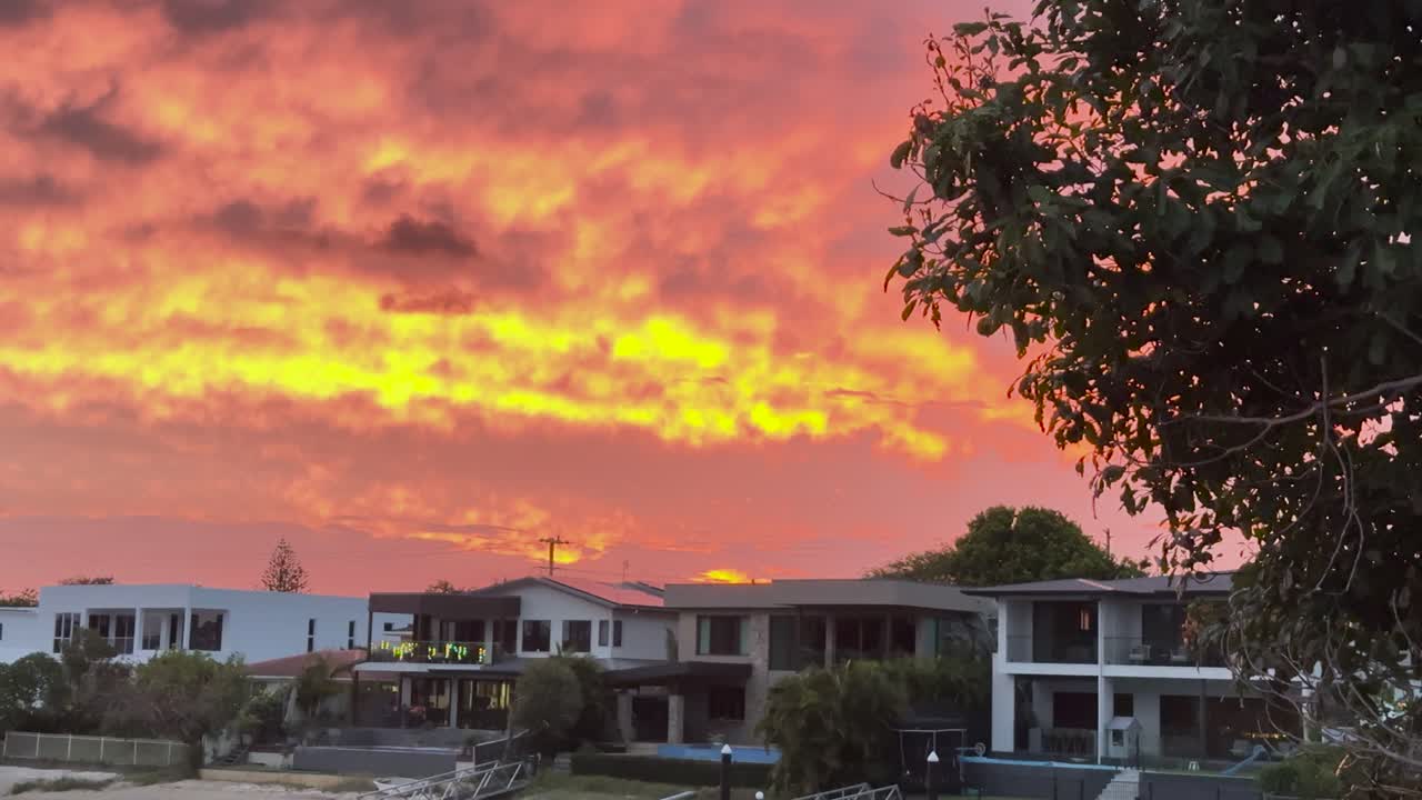 Tramonto vibrante dietro case suburbane e alberi