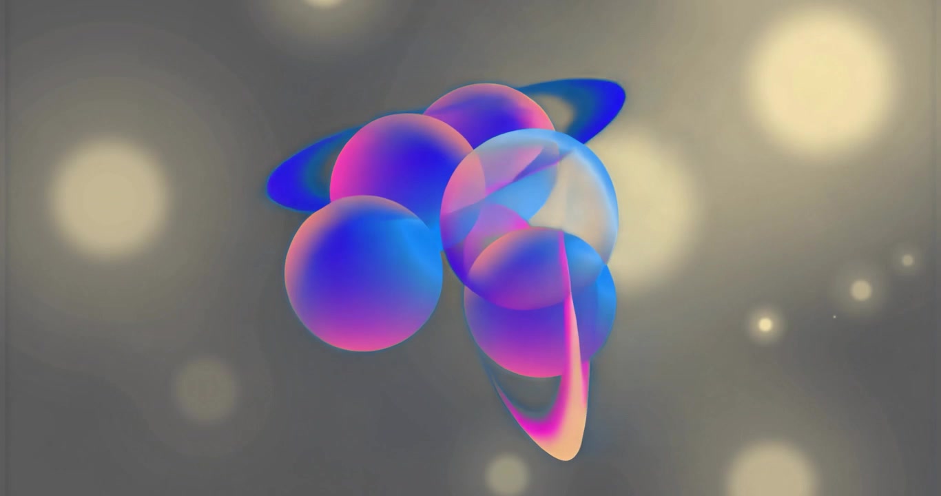 on load three spheres drifting forming cluster rotating rings with ring detaching then rejoining