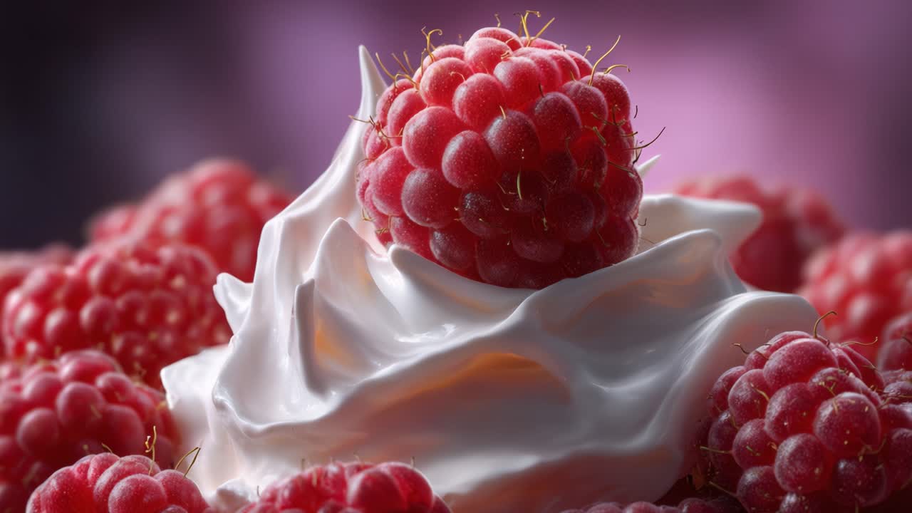 Delicious Close-up of Fresh Raspberries Topped with Cream, Showcasing a Luscious Dessert Combining Sweetness and Creaminess in a Mouthwatering Presentation