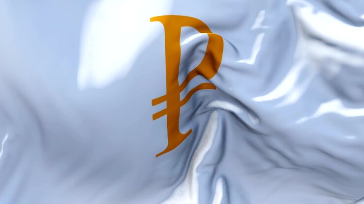 Russian Ruble Flag Waving in Wind Slow Motion Animation . 4K Realistic Fabric Texture Flag Smooth Blowing on a windy day Continuous Seamless Loop Background.