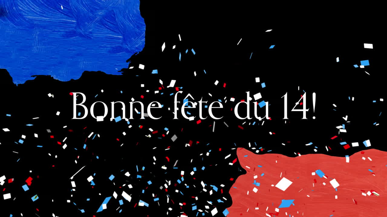 Animation of bonne fete du 14 text with french flag and confetti on black background