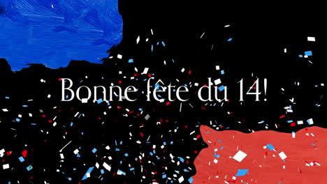 animation of bonne fete du 14 text with french flag and confetti on black background