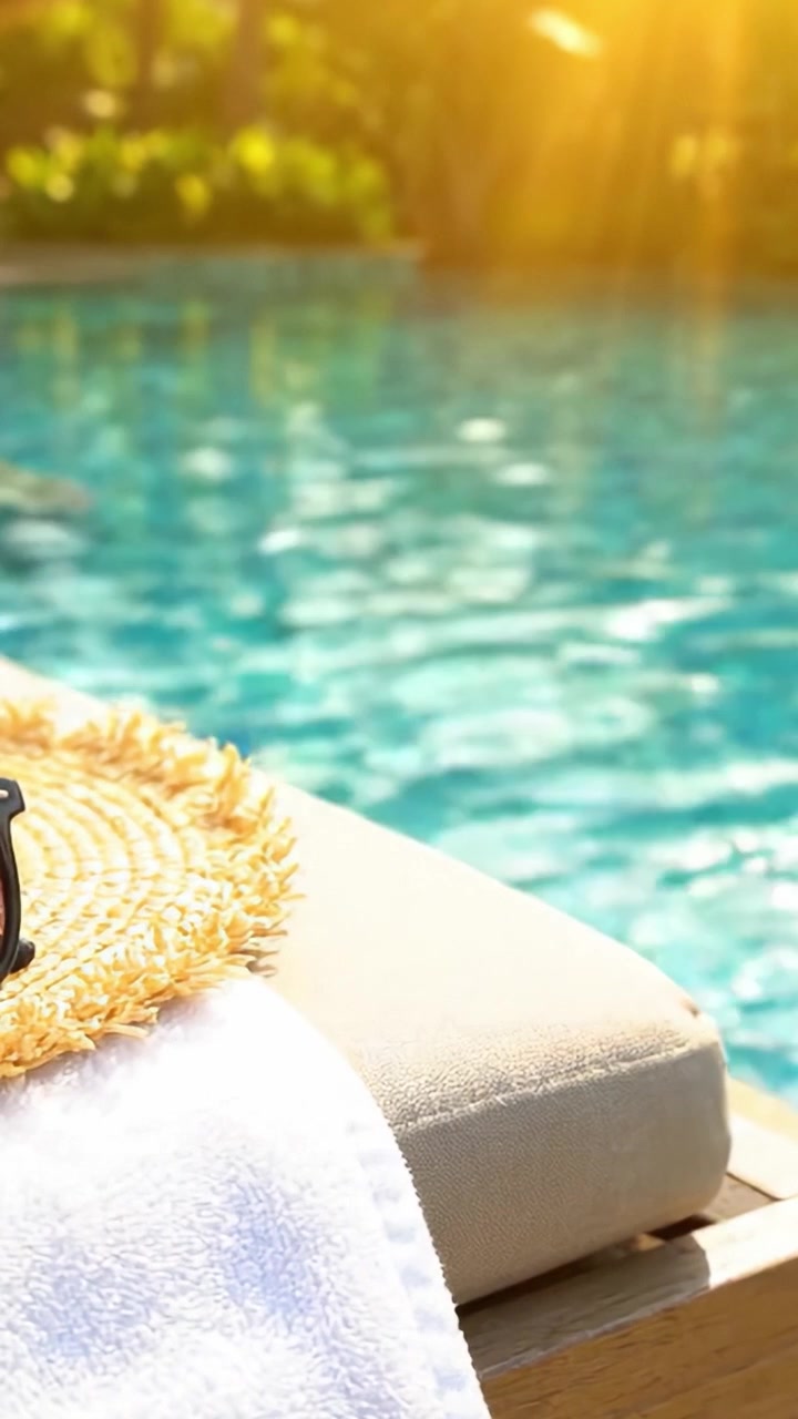 A Relaxing Escape by the Poolside: Enjoying the Sun with a Cozy Sunbed, Sunglasses, and Nature's Tranquility in a Refreshing Outdoor Setting