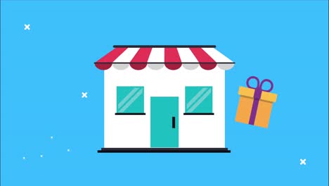 animación de mercado de compras con edificio de la tienda y regalo y dinero