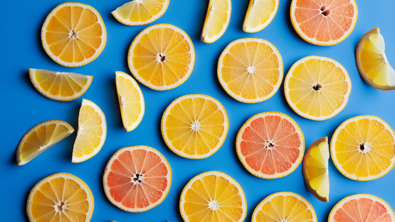Bright Citrus Fruit Slices on a Blue Background