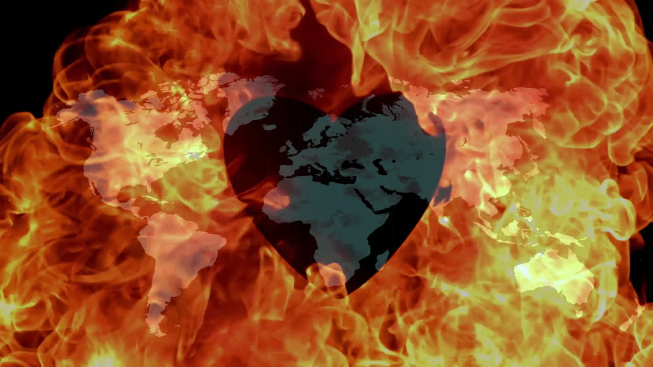 Heart-shaped Earth silhouette being surrounded by swirling flames, showing translucent map outlines