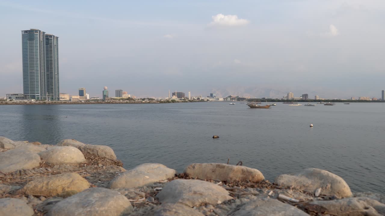 Ras Al Khaimah City in the United Arab Emirates pan on a cloudy day.