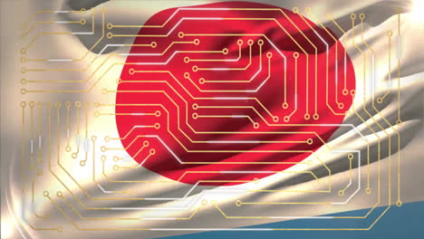 animation of flag of japan, digital data processing over computer circuit board