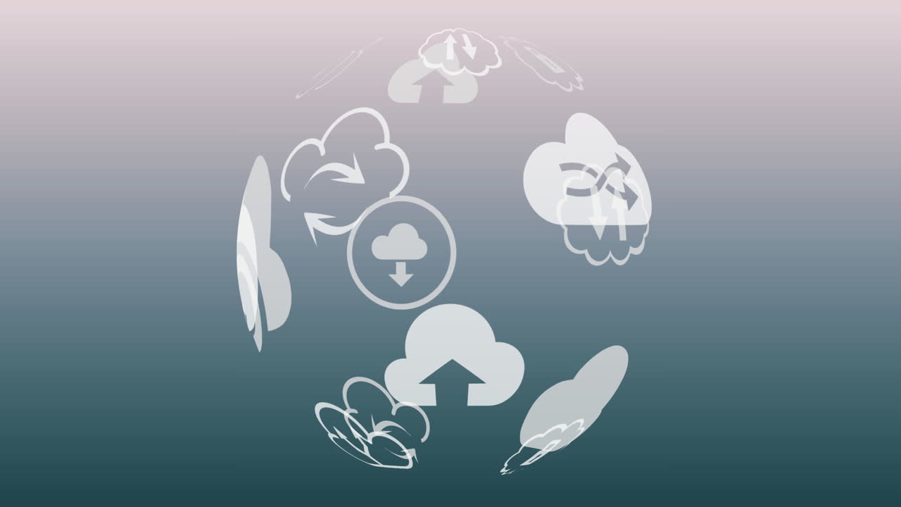 animación del globo con iconos de computación en la nube en fondo azul.