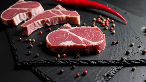raw steak on black slate with spices