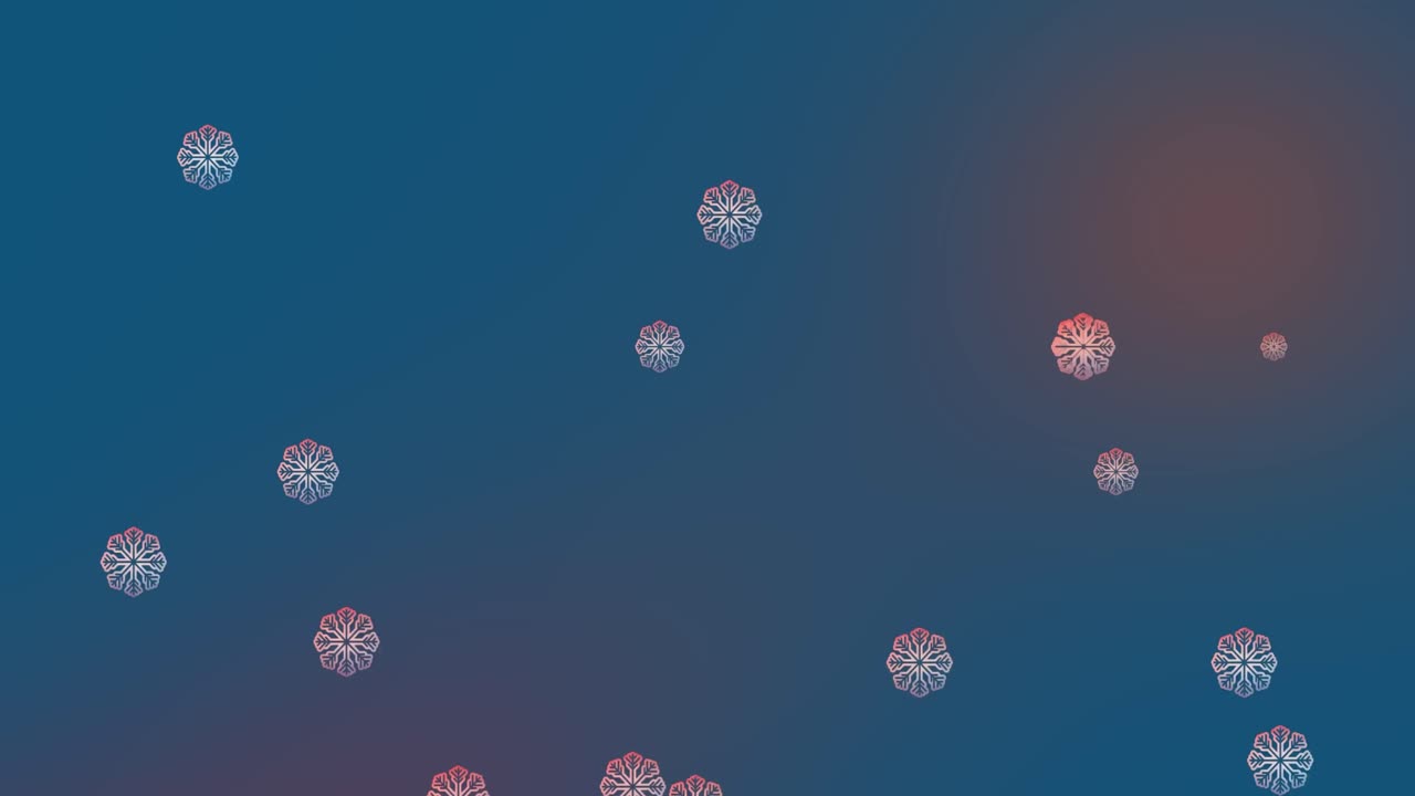 animación digital de iconos de copos de nieve que caen contra el espacio de copia en un fondo de degradado azul