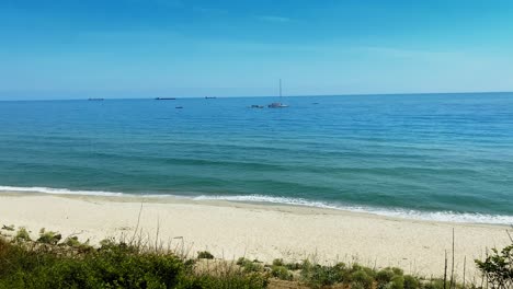 blue sea waves beach foreground grass