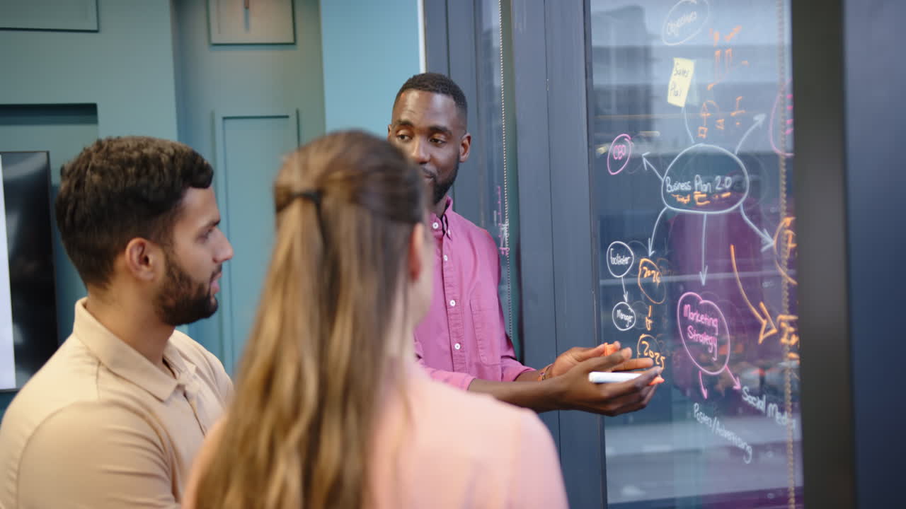 Discussing business strategy, team brainstorming ideas on glass board in office