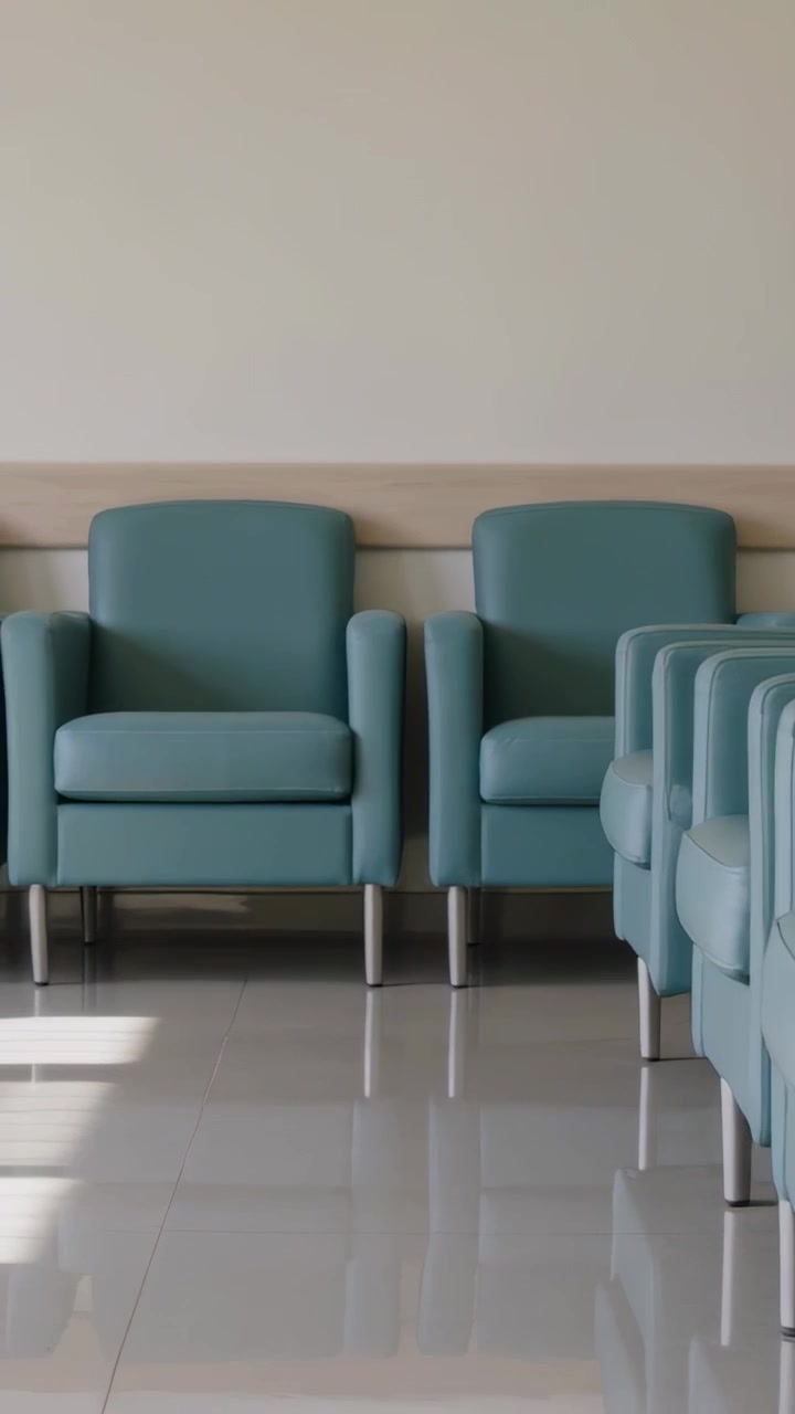 Vertical video: Panning camera moving across waiting area to show teal chairs and floor reflections