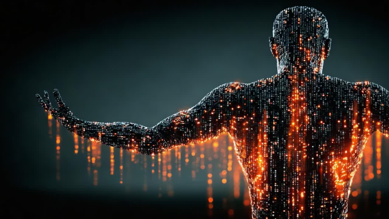 En digital menneskeform oplyst af lysstrømme, der repræsenterer krydsfeltet mellem teknologi og menneskehed, og fanger essensen af digital transformation og innovation.